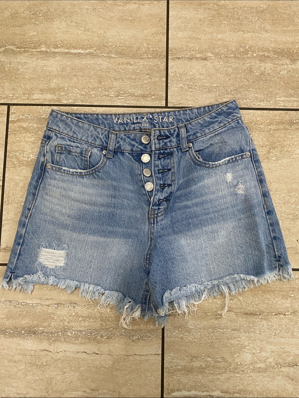 Vanilla Star Light Blue Frayed Hem Button-Fly Denim Shorts